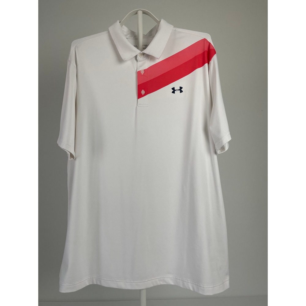 Under Armour Mens Playoff Polo XXL White Red Diagonal Stripe HeatGear Loose Fit